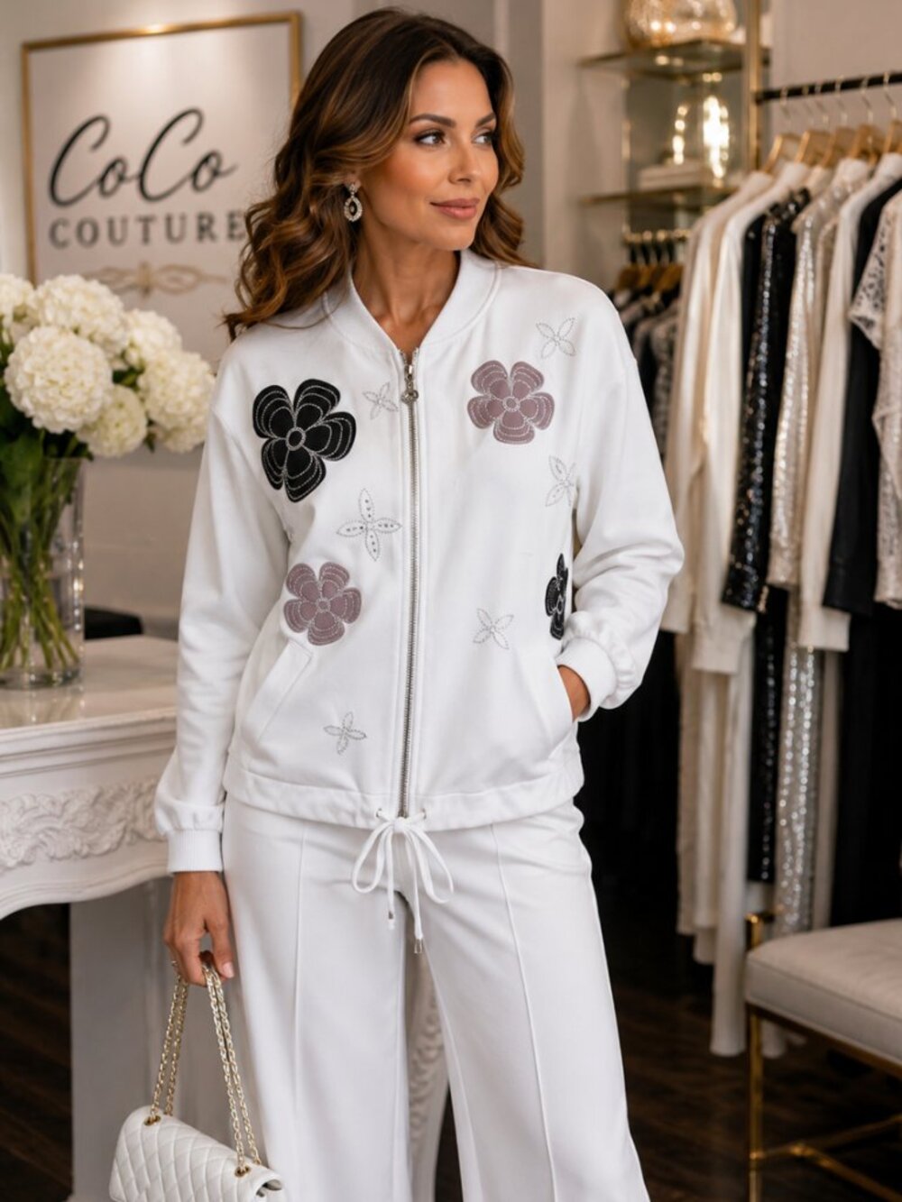 261151 White Zipp Up Jacket with Floral Rhinestone Appliques by FRANK LYMAN